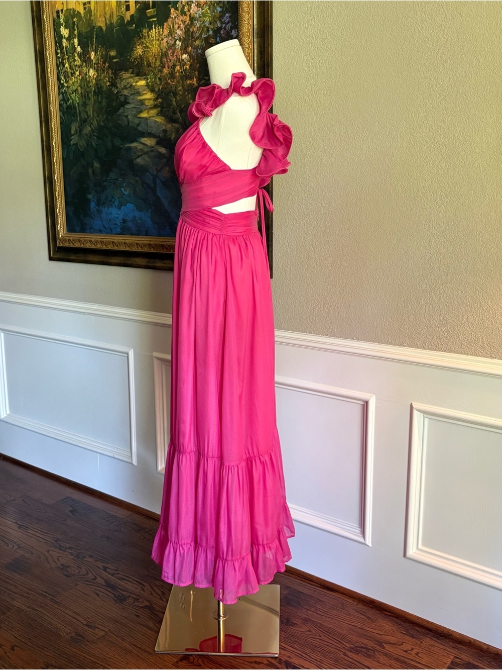 Petal & Pup Flutter Strap Deep V Midi Dress in Hot Pink/Berry. Size small. - Picture 3 of 10